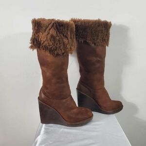 Michael Kors Calista Brown Faux Fur Lined Wedge Knee-High Boots